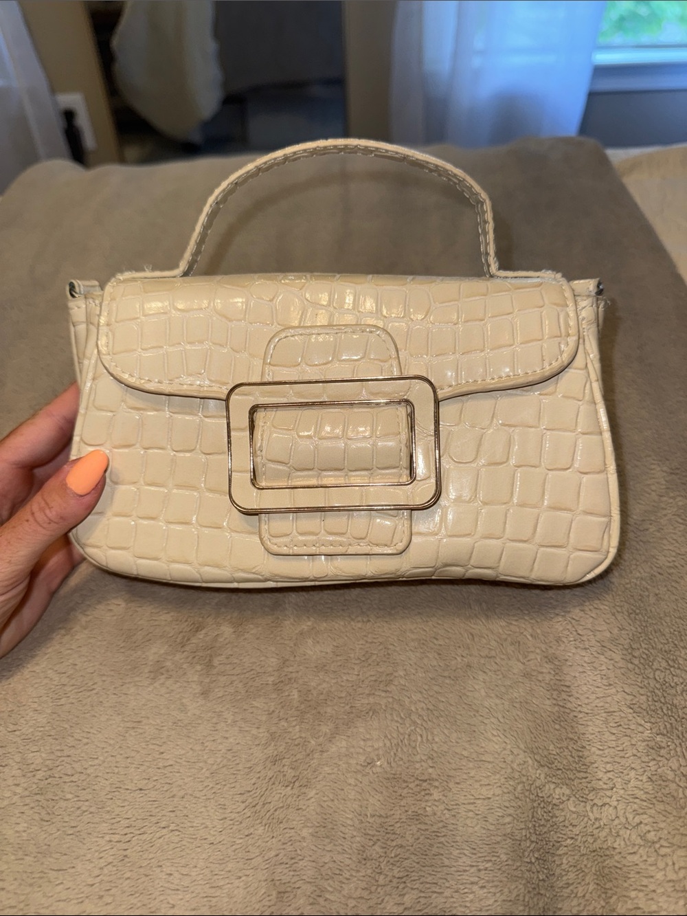 Zara Cream Croc-Embossed Mini Top-Handle Bag with Buckle